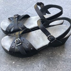 Dansko Black Leather Wedge Heel Slingback Sandals
